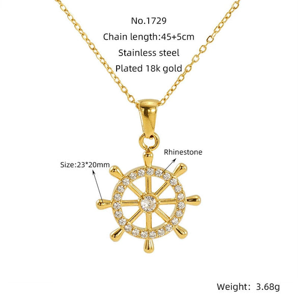 Wholesale Stainless Steel Geometric Fashion Retro Compass Rudder Pendant Necklace For Women With Electroplating