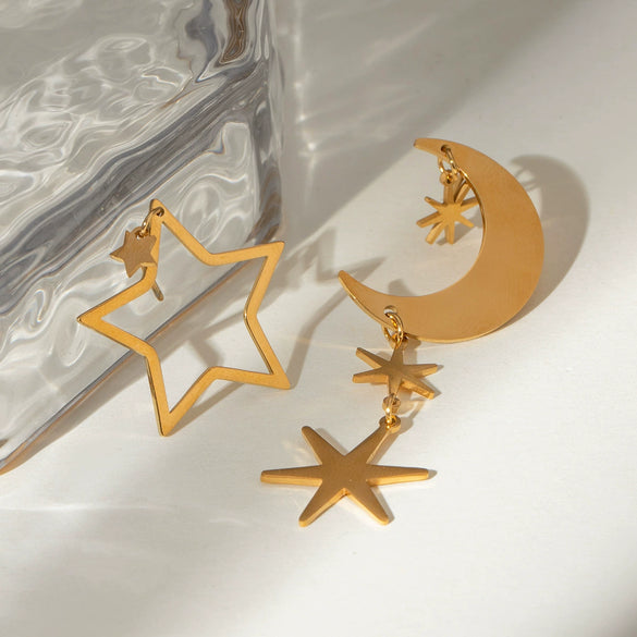 Wholesale Stainless Steel Geometric Fivepointed Star And Moon Hexagram Earrings Electroplated Jewelry For Women