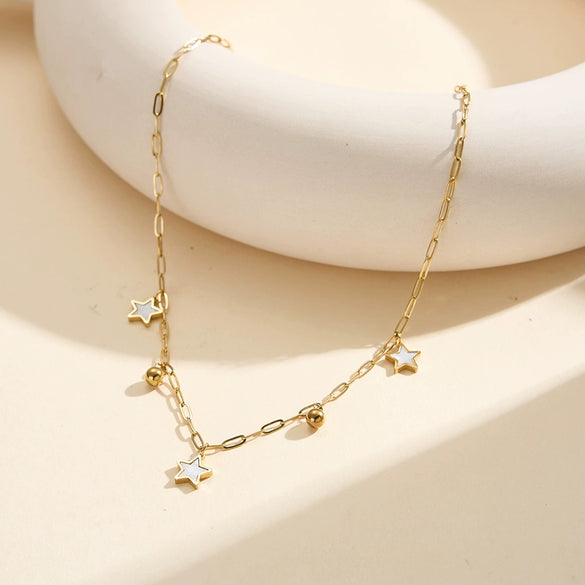 Wholesale Stainless Steel Geometric Fivepointed Star Electroplated Calendering Chain Necklace For Women