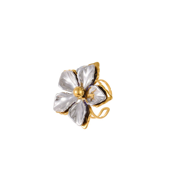 Wholesale Stainless Steel Geometric Floral Colorblocked Ring 18K Gold Plated