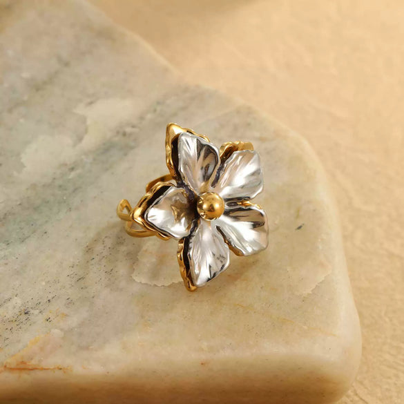 Wholesale Stainless Steel Geometric Floral Colorblocked Ring 18K Gold Plated