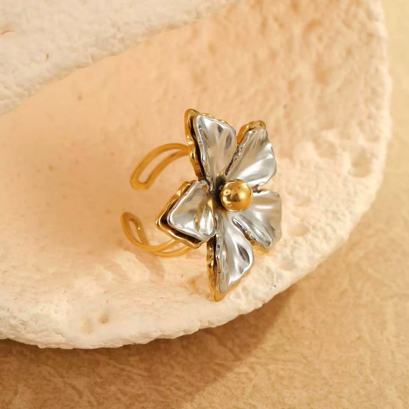 Wholesale Stainless Steel Geometric Floral Colorblocked Ring 18K Gold Plated