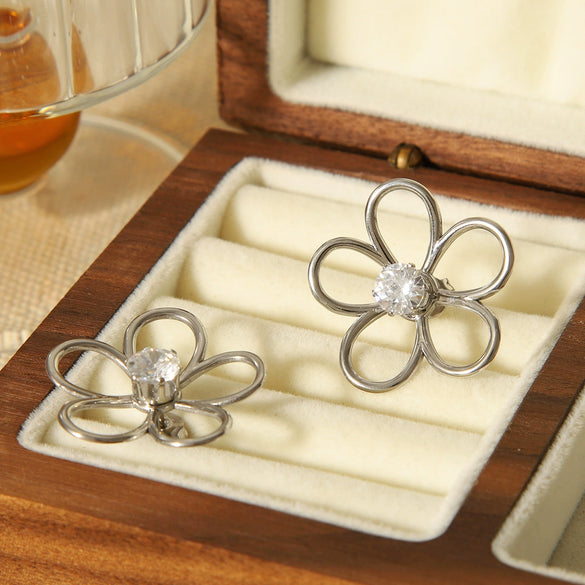 Wholesale Stainless Steel Geometric Flower Earrings Inlaid With Zircon For Women