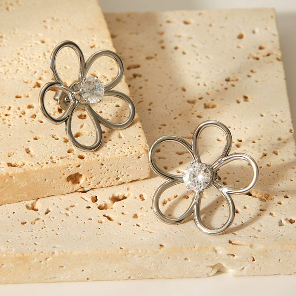 Wholesale Stainless Steel Geometric Flower Earrings Inlaid With Zircon For Women