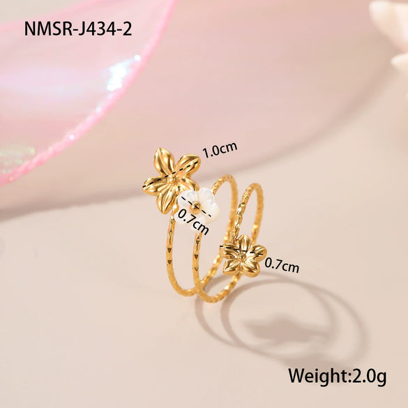 Wholesale Stainless Steel Geometric Flower Pearl Open Ring Plated 18K Gold