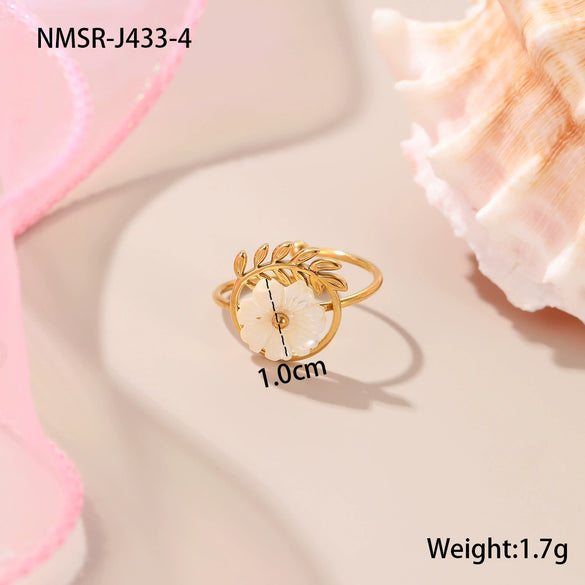 Wholesale Stainless Steel Geometric Flower Pearl Open Ring Plated 18K Gold