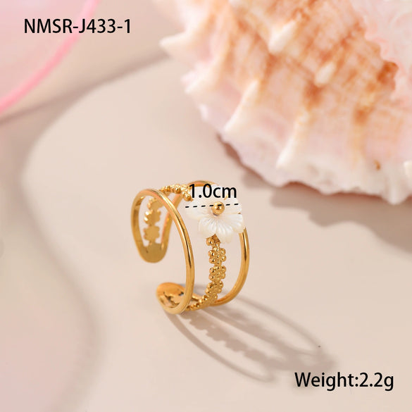Wholesale Stainless Steel Geometric Flower Pearl Open Ring Plated 18K Gold