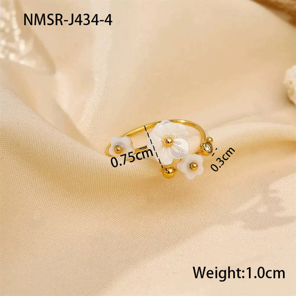 Wholesale Stainless Steel Geometric Flower Pearl Open Ring Plated 18K Gold