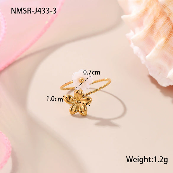 Wholesale Stainless Steel Geometric Flower Pearl Open Ring Plated 18K Gold