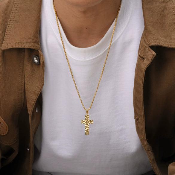 Wholesale Stainless Steel Geometric Hammer Pattern Cross Pendant Gold Plated Necklace For Men