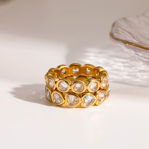 Wholesale Stainless Steel Geometric Heartshaped Zircon Splicing 18K Gold Plated Diamond Ring For Women