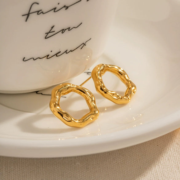 Wholesale Stainless Steel Geometric Hollow Ring Earrings With Lava Texture And Electroplating