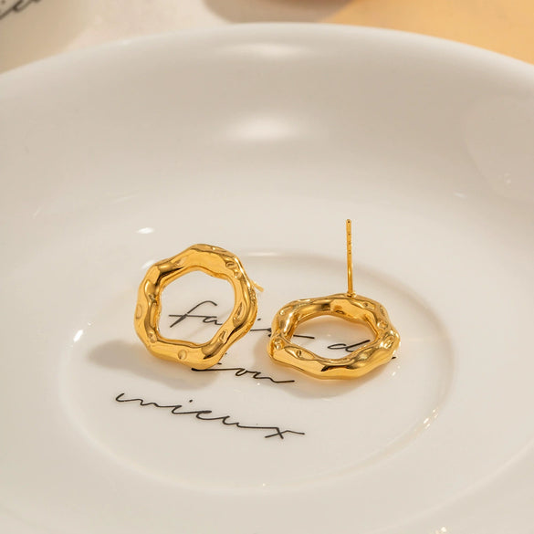 Wholesale Stainless Steel Geometric Hollow Ring Earrings With Lava Texture And Electroplating