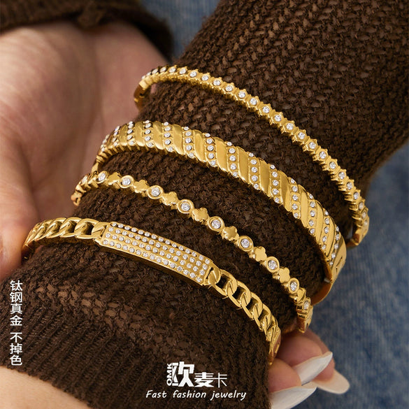 Wholesale Stainless Steel Geometric Hollow Zircon Ring Buckle Bracelet Set 18K Gold Plated Accessories