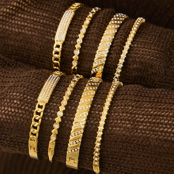 Wholesale Stainless Steel Geometric Hollow Zircon Ring Buckle Bracelet Set 18K Gold Plated Accessories