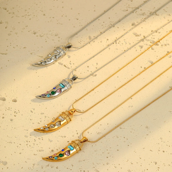 Wholesale Stainless Steel Geometric Horn Pendant Necklace With Colorful Zircon Electroplated Fashion Design For Women