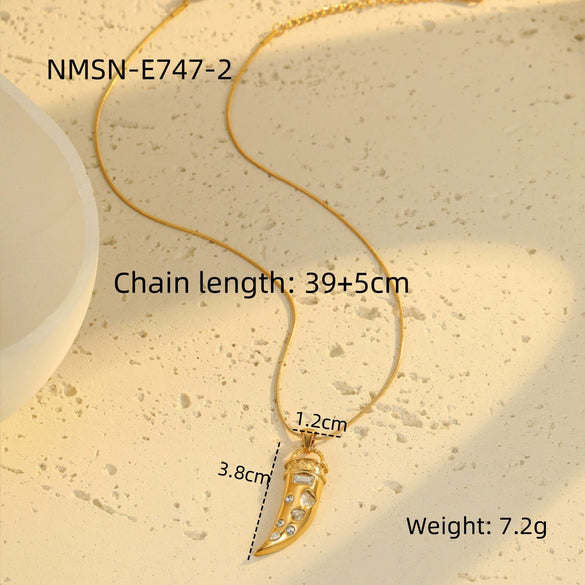 Wholesale Stainless Steel Geometric Horn Pendant Necklace With Colorful Zircon Electroplated Fashion Design For Women