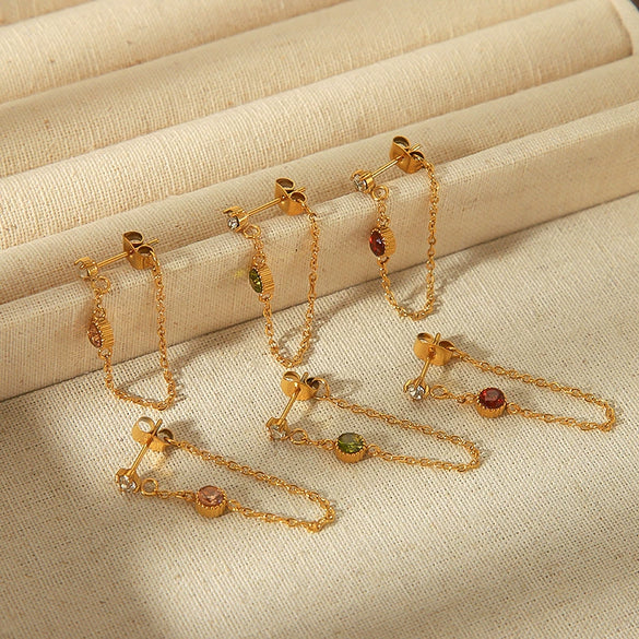 Wholesale Stainless Steel Geometric Inlaid Stone Tassel Earrings For Women With Electroplating Treatment Fashion And Simple Style