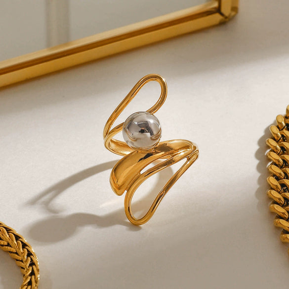 Wholesale Stainless Steel Geometric Irregular Hollow Steel Ball Ring Electroplated For Women