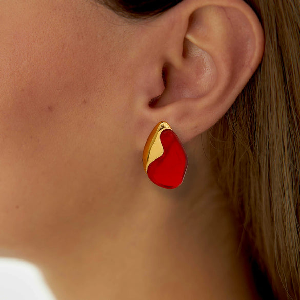 Wholesale Stainless Steel Geometric Irregular Red Natural Stone Earrings With Electroplating