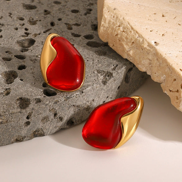 Wholesale Stainless Steel Geometric Irregular Red Natural Stone Earrings With Electroplating