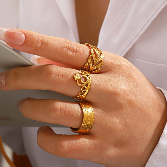 Wholesale Stainless Steel Geometric Leaf Opening Adjustment Crown Ring For Women With Electroplating Treatment Plant Flowers Style