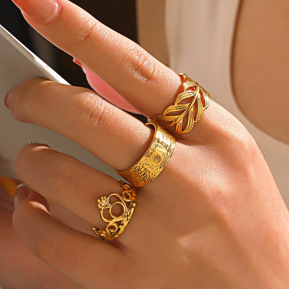 Wholesale Stainless Steel Geometric Leaf Opening Adjustment Crown Ring For Women With Electroplating Treatment Plant Flowers Style