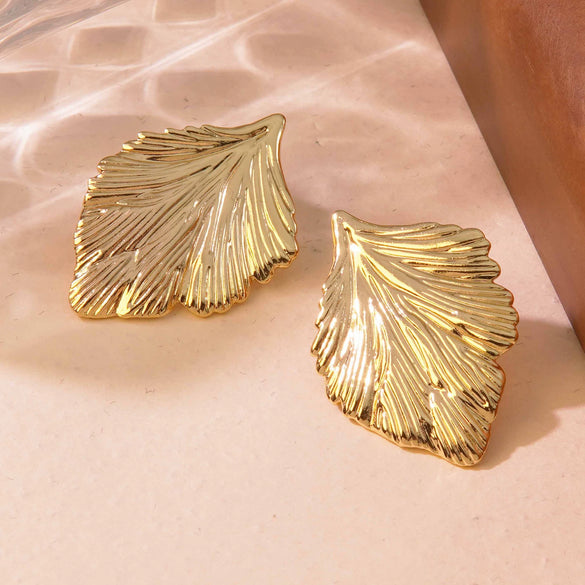 Wholesale Stainless Steel Geometric Leaf Textured Electroplated Earrings For Women With Light Luxury Temperament