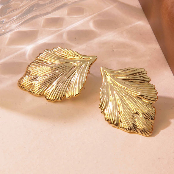 Wholesale Stainless Steel Geometric Leaf Textured Electroplated Earrings For Women With Light Luxury Temperament