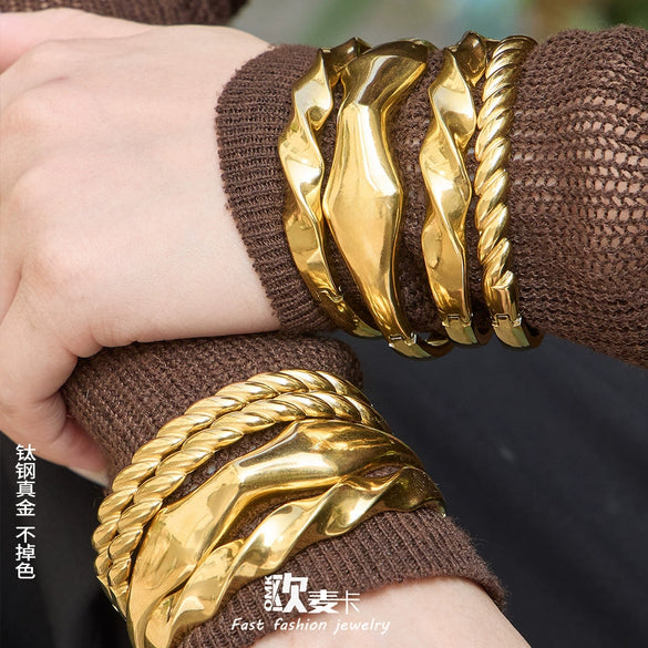 Wholesale Stainless Steel Geometric Line Ring Buckle Bracelet Set 18K Gold Plated Accessories