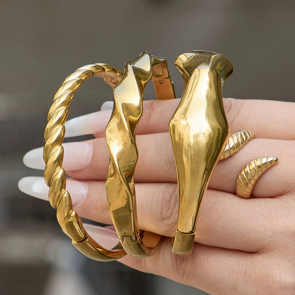 Wholesale Stainless Steel Geometric Line Ring Buckle Bracelet Set 18K Gold Plated Accessories