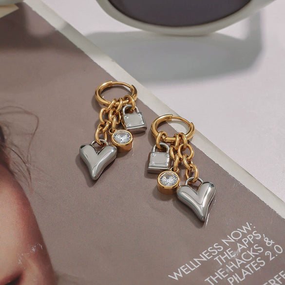 Wholesale Stainless Steel Geometric Love Zircon Pendant Earrings With 18K Gold Electroplating Quiet Design Sense For Women