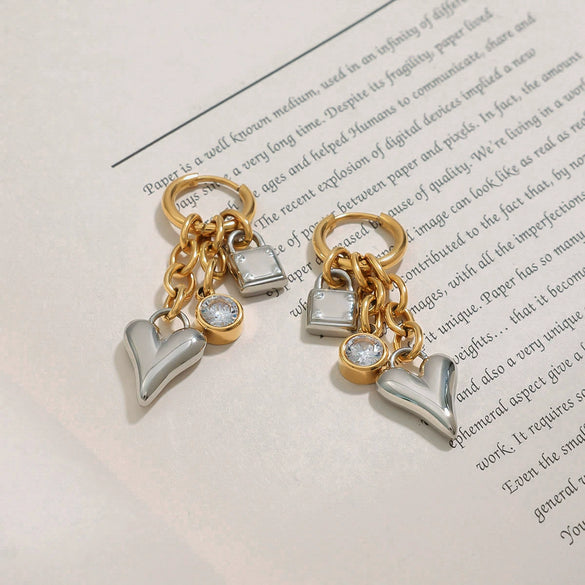 Wholesale Stainless Steel Geometric Love Zircon Pendant Earrings With 18K Gold Electroplating Quiet Design Sense For Women