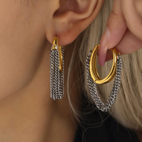 Wholesale 316L Stainless Steel Geometric Multi Layer Chain Tassel Earrings With Pvd Electroplated Buckle For Women