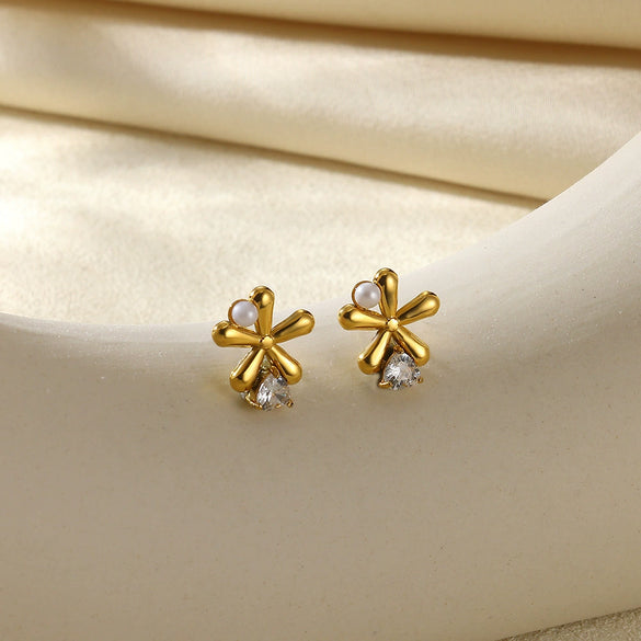 Wholesale Stainless Steel Geometric Natural Pearl Earrings 18K Gold Plated