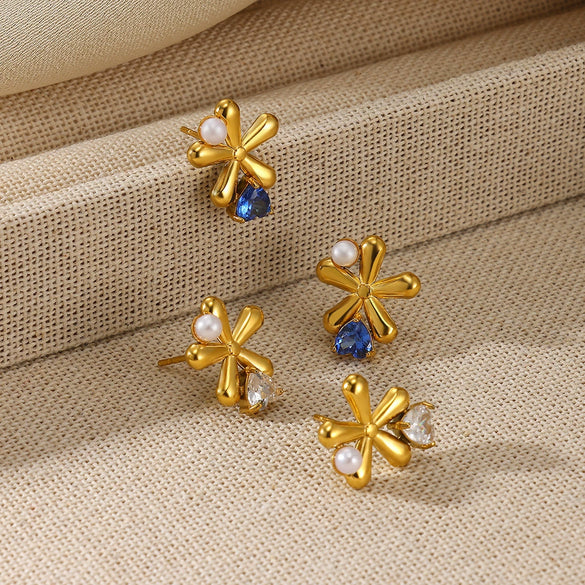 Wholesale Stainless Steel Geometric Natural Pearl Earrings 18K Gold Plated