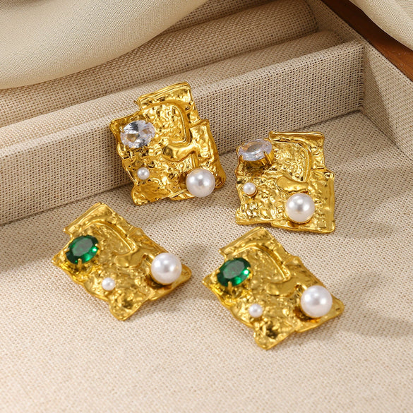 Wholesale Stainless Steel Geometric Natural Pearl Earrings 18K Gold Plated