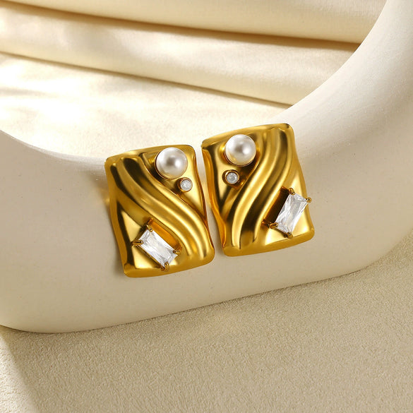 Wholesale Stainless Steel Geometric Natural Pearl Earrings 18K Gold Plated