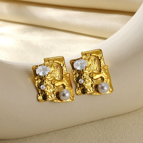 Wholesale Stainless Steel Geometric Natural Pearl Earrings 18K Gold Plated
