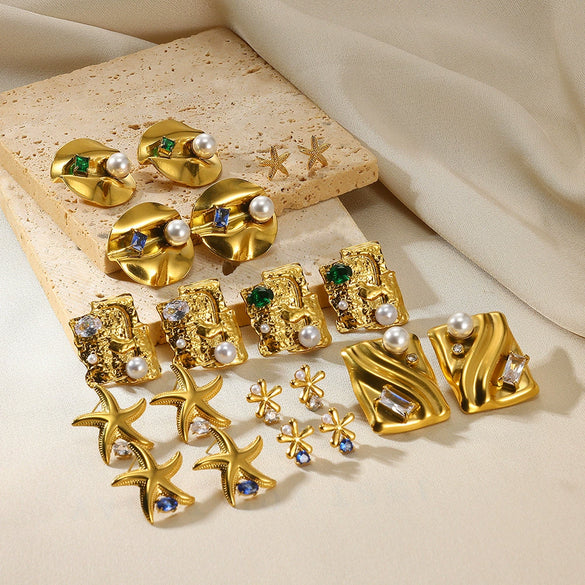 Wholesale Stainless Steel Geometric Natural Pearl Earrings 18K Gold Plated