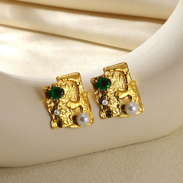 Wholesale Stainless Steel Geometric Natural Pearl Earrings 18K Gold Plated