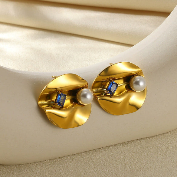 Wholesale Stainless Steel Geometric Natural Pearl Earrings 18K Gold Plated