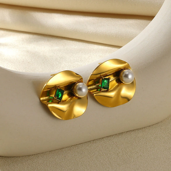 Wholesale Stainless Steel Geometric Natural Pearl Earrings 18K Gold Plated
