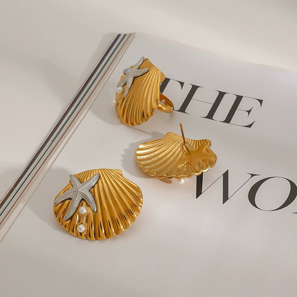 Wholesale Stainless Steel Geometric Ocean Wind Hammer Starfish Rib Shell Earrings For Women With Electroplating Treatment