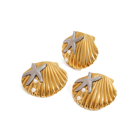 Wholesale Stainless Steel Geometric Ocean Wind Hammer Starfish Rib Shell Earrings For Women With Electroplating Treatment