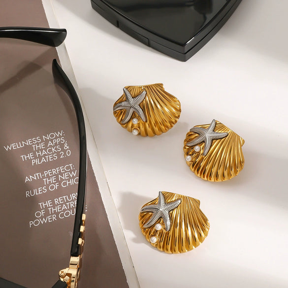 Wholesale Stainless Steel Geometric Ocean Wind Hammer Starfish Rib Shell Earrings For Women With Electroplating Treatment