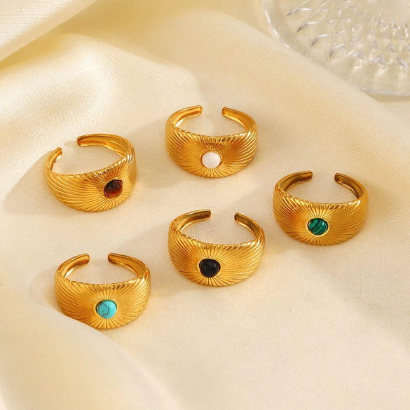 Wholesale Stainless Steel Geometric Opening Ring With Natural Stone Electroplated Ladies' Style