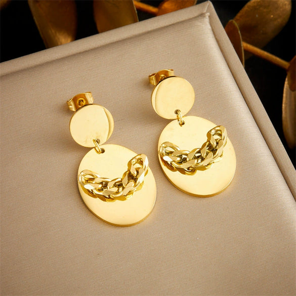 Wholesale Stainless Steel Geometric Oval Pendant Earrings With Electroplating For Women Fashion Simple Design Chain Accessories