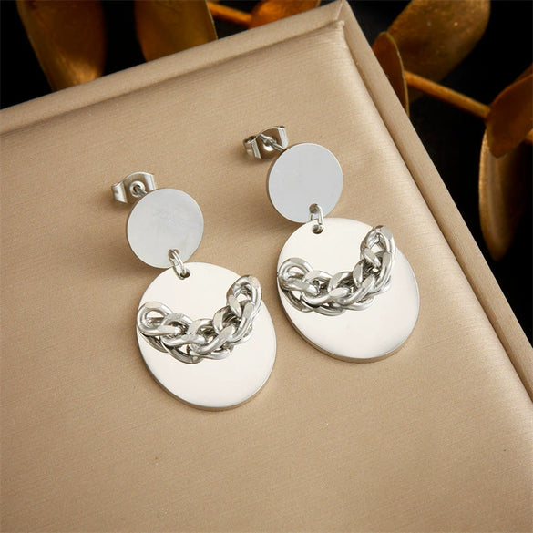 Wholesale Stainless Steel Geometric Oval Pendant Earrings With Electroplating For Women Fashion Simple Design Chain Accessories