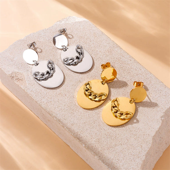 Wholesale Stainless Steel Geometric Oval Pendant Earrings With Electroplating For Women Fashion Simple Design Chain Accessories